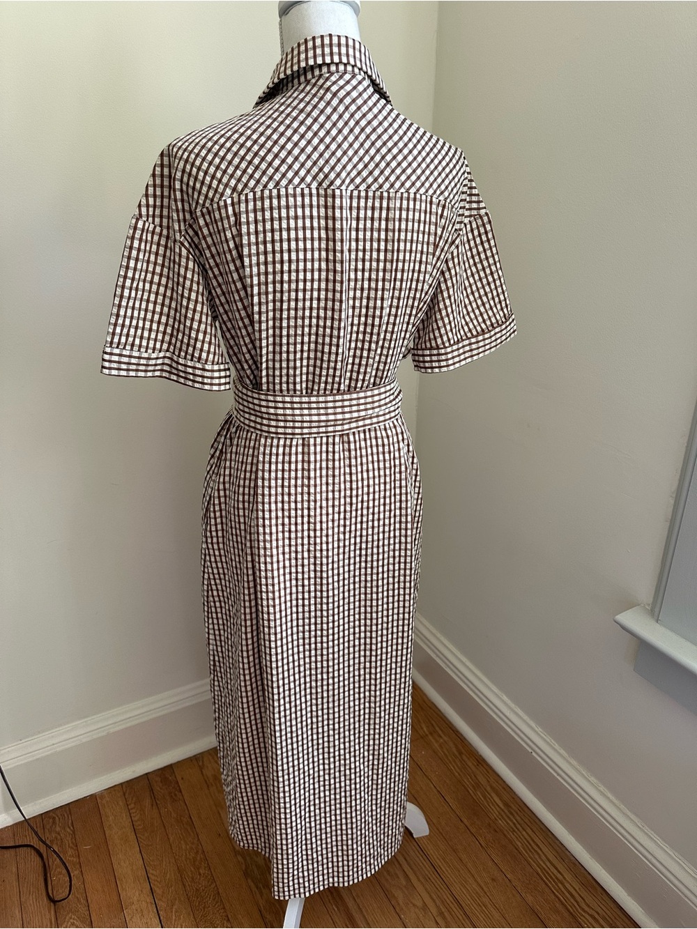 Tuckernuck Pomander Place Brown and Cream Gingham Seersucker Maxi Shirt Dress S - Picture 6 of 12